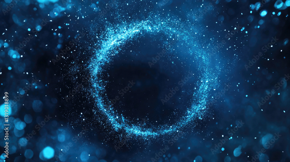 A stunning blue circular design features glittering particles scattered against a dark backdrop, creating a mesmerizing visual effect that captivates the viewer's attention A stunning blue circular design features glittering particles scattered against a dark backdrop, creating a mesmerizing visual effect that captivates the viewer's attention