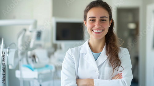 Portrait of a young female dentist with a blurred background of the hospital.