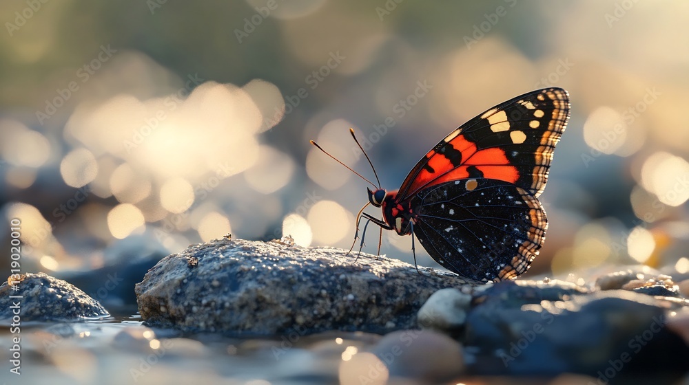 Obraz premium Red admiral Vanessa atalanta a rocky surface by a stream vibrant red and black wing patterns lifelike textures natural lighting