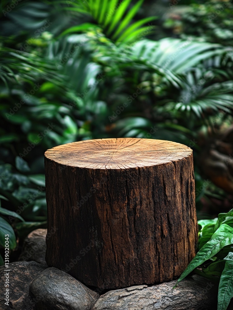 Tree stump in lush green jungle surrounded by rocks. Tree stump in lush green jungle surrounded by rocks.