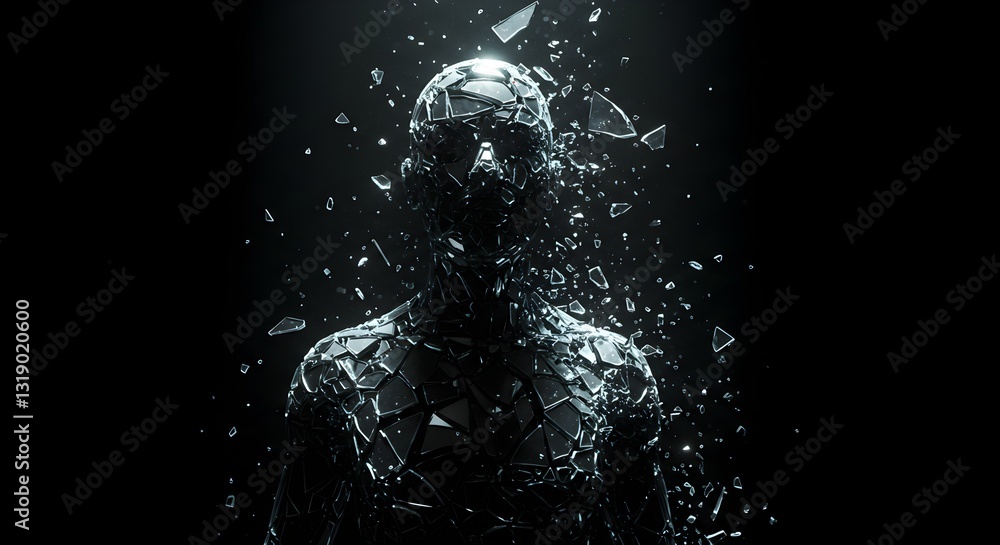 Obraz premium Shattered Glass Figure Eerily Lit in Dark Void with Angular Fragmentation and Light Reflections Creating a Dramatic Art Installation