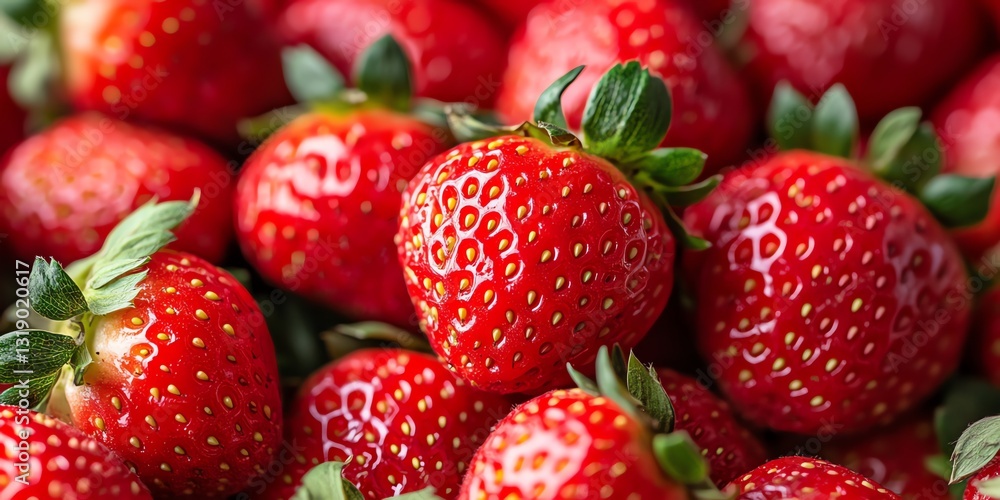 Fresh Red Strawberries with Dew Drops in a Closeup Shot Fresh Red Strawberries with Dew Drops in a Closeup Shot