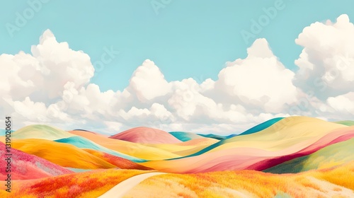 A whimsical landscape of colorful rolling hills with fluffy clouds