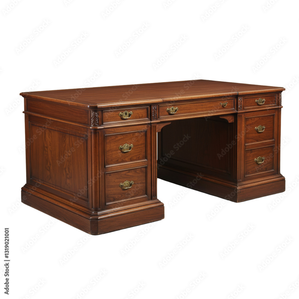 A classic wooden desk with multiple drawers for office or study use. A classic wooden desk with multiple drawers for office or study use.