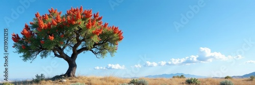 Pointleaf manzanita tree with urn-shaped flowers against a blue sky, landscape, nature, sky