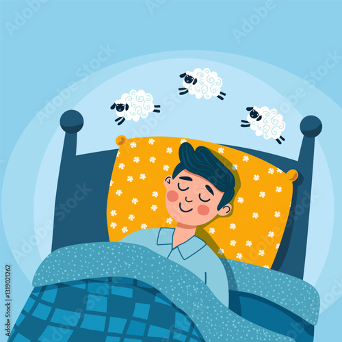 Man sleeping in bed. Healthy sleep. Flat graphic vector illustration on white background