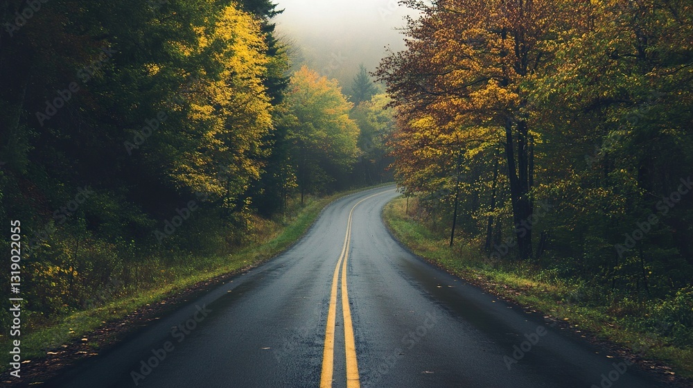 Scenic Autumn Road Through a Misty Forest Scenic Autumn Road Through a Misty Forest