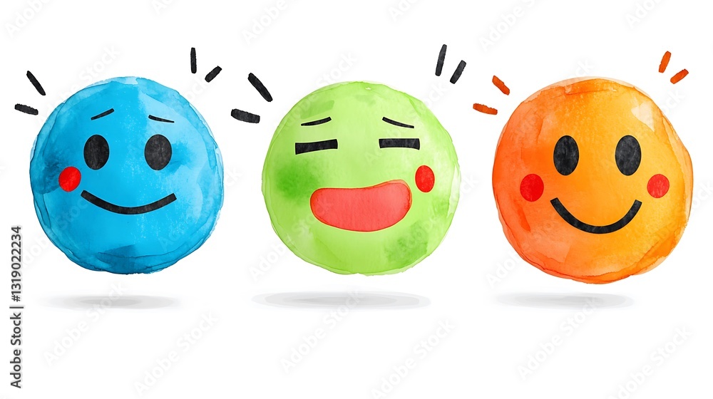 Watercolor Emojis Happy Sad and Annoyed Faces Watercolor Emojis Happy Sad and Annoyed Faces