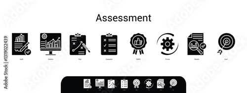Assessment icon set vector illustration banner web with audit, analysis, plan, evaluation, quality, process, results and goal
