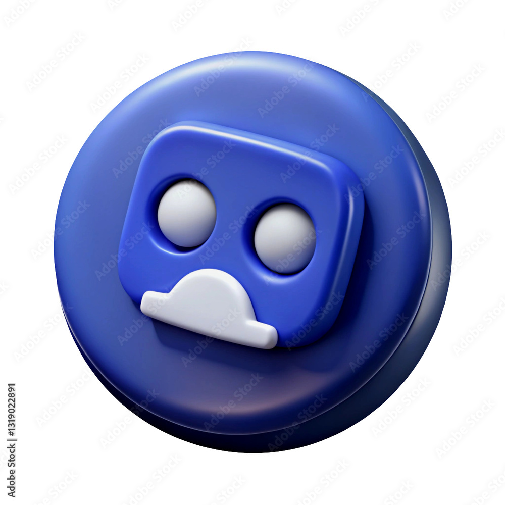 Blue glossy circular button, simplified cartoon face design, white eyes and mouth, minimalist emoji style, 3D rendering, smooth surface, reflective highlights, vibrant cobalt blue color Blue glossy circular button, simplified cartoon face design, white eyes and mouth, minimalist emoji style, 3D rendering, smooth surface, reflective highlights, vibrant cobalt blue color