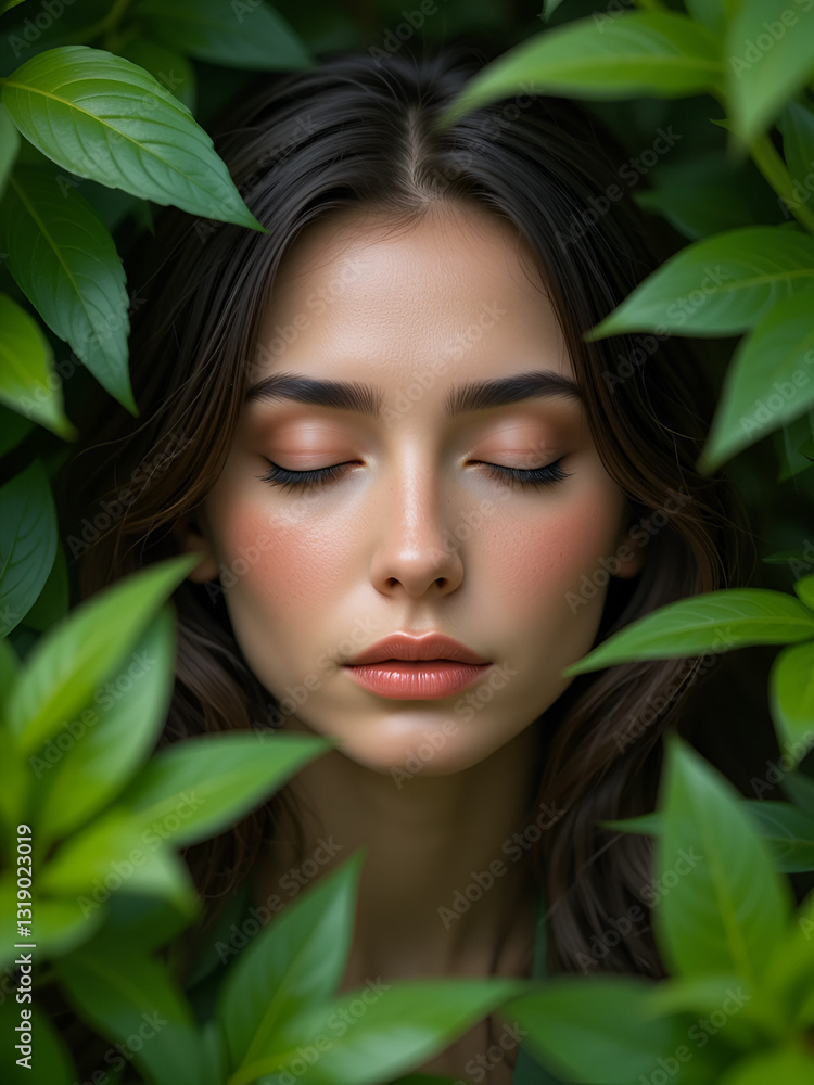 A woman with closed eyes and a serene expression, surrounded by lush green foliage. A woman with closed eyes and a serene expression, surrounded by lush green foliage.
