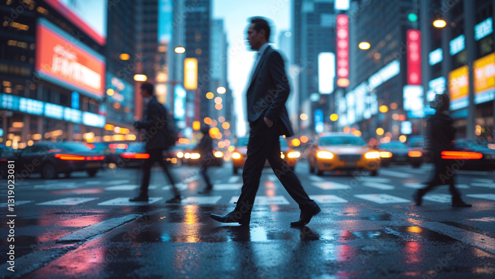 Fototapeta premium Businessman Walking City Street Night Rain Blurred Lights