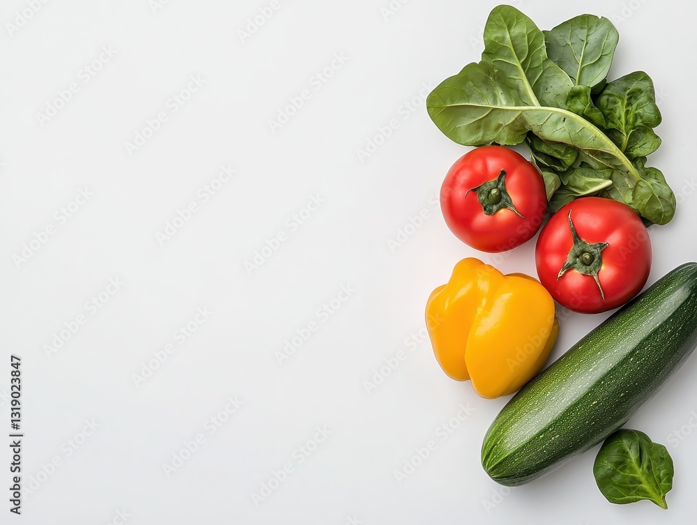 Fresh vegetables including red tomatoes, yellow bell pepper, cucumber, and leafy greens on a white background Fresh vegetables including red tomatoes, yellow bell pepper, cucumber, and leafy greens on a white background