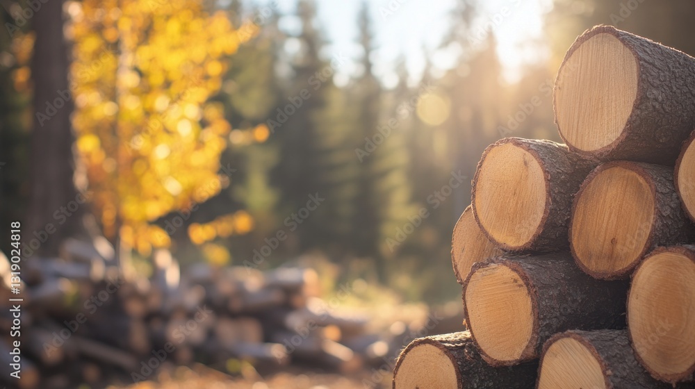 Sunlit stack of cut logs in a forest with autumn foliage. Sunlit stack of cut logs in a forest with autumn foliage.