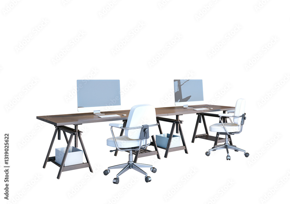 Office desk setup with computers, ergonomic chairs, and accessories isolated on a white background. Modern workspace concept. 3D Rendering Office desk setup with computers, ergonomic chairs, and accessories isolated on a white background. Modern workspace concept. 3D Rendering