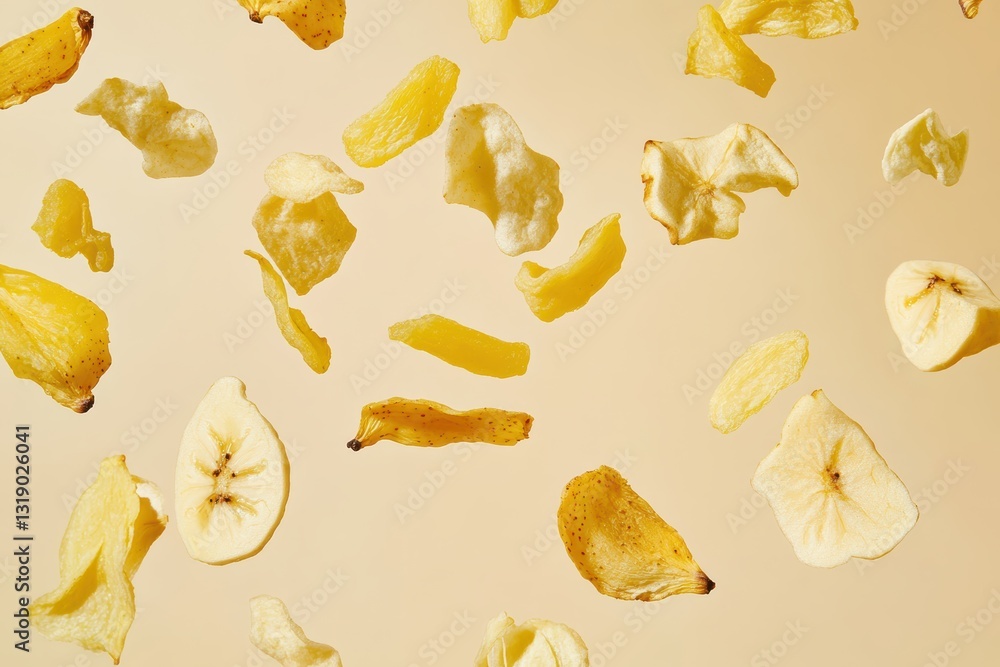 Naklejka premium Mixed Dried Banana Apple Pineapple Chips Falling in Dynamic Motion on Neutral Beige Background