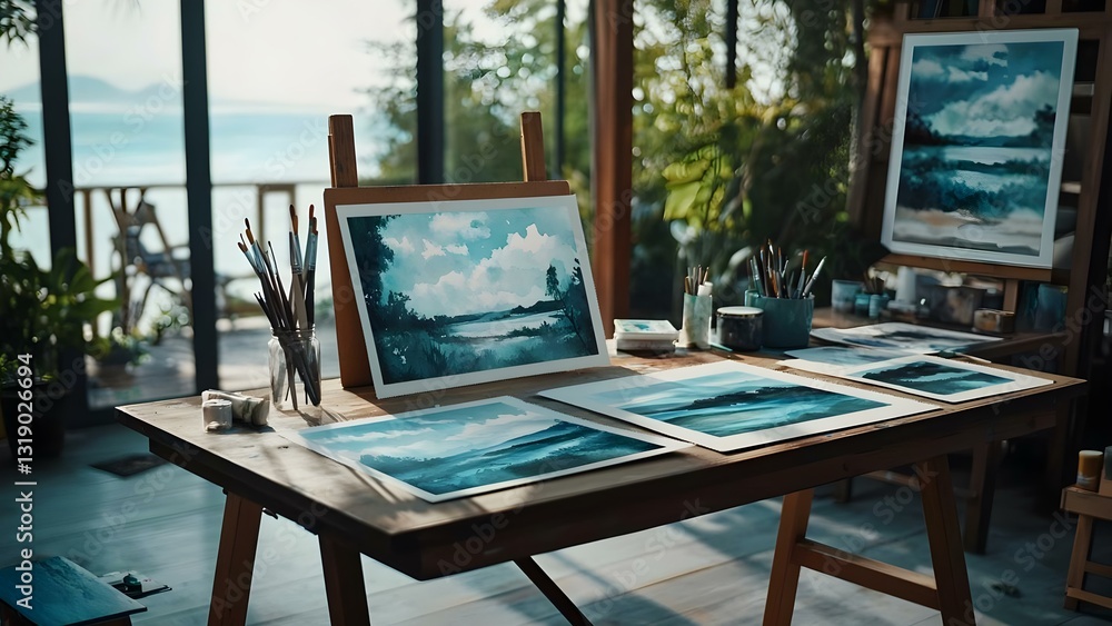 Obraz premium A well-lit artist's studio with a wooden table displaying watercolor landscapes and various painting supplies. Concept Artist's Studio, Watercolor Landscapes, Creative Workspace, Painting Supplies