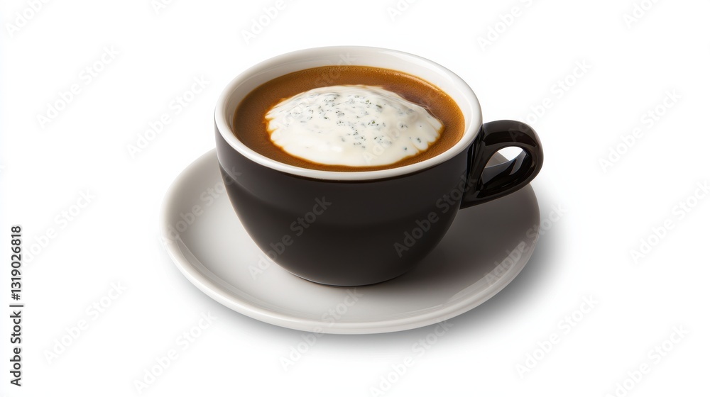 Dark Coffee Cup with Creamy Topping on White Saucer Dark Coffee Cup with Creamy Topping on White Saucer