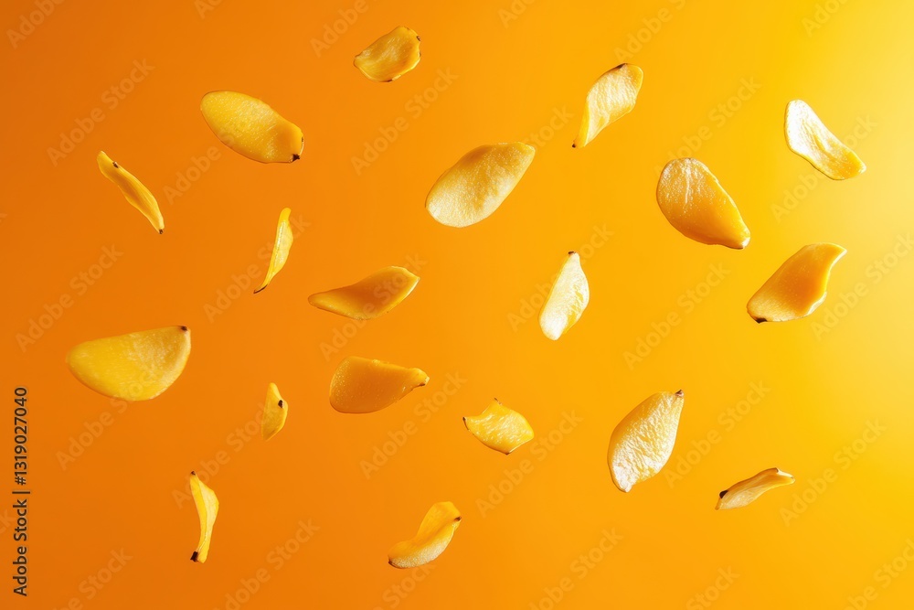 Thin Golden Mango Chips Gracefully Floating with Tropical Energy on Bold Orange Background Thin Golden Mango Chips Gracefully Floating with Tropical Energy on Bold Orange Background
