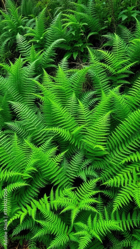 Dense thicket of green ferns with undergrowth, forest, greens, wild Dense thicket of green ferns with undergrowth, forest, greens, wild