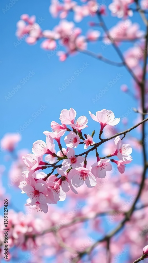 Delicate pink petals on a branch against a clear blue sky, serene, tree Delicate pink petals on a branch against a clear blue sky, serene, tree