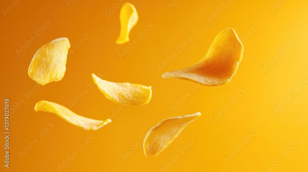 Thin Golden Mango Chips Gracefully Floating with Tropical Energy on Bold Orange Background Thin Golden Mango Chips Gracefully Floating with Tropical Energy on Bold Orange Background