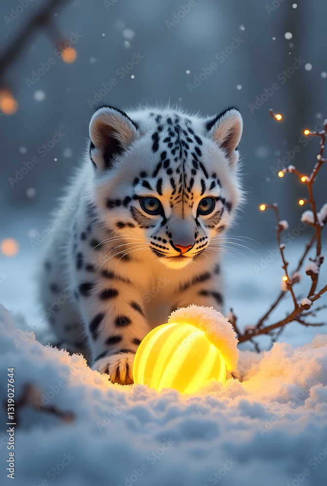 The cute snow leopard cub notices a glowing golden fruit half-buried in the snow. His eyes widen as he crouches and tilts his head curiously. The cute snow leopard cub notices a glowing golden fruit half-buried in the snow. His eyes widen as he crouches and tilts his head curiously.