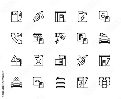 Gas station related vector linear icons set. Contains such icons as petrol pump, fuel nozzle, petrol station, canister and more.