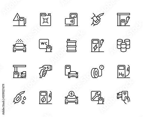 Gas station related vector linear icons set. Contains such icons as petrol station, canister, terminal, electric car and more.