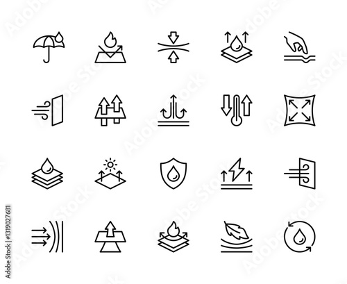 Fabric properties related vector linear icons set. Contains such icons as waterproof, elasticity, stretch, softness and more.