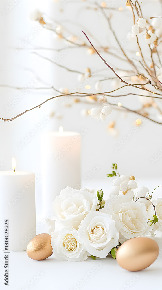 Elegant Easter composition with white roses, golden eggs, and burning candles on a bright background. Ideal for holiday greetings, luxury decor, and seasonal marketing. Selective focus Elegant Easter composition with white roses, golden eggs, and burning candles on a bright background. Ideal for holiday greetings, luxury decor, and seasonal marketing. Selective focus