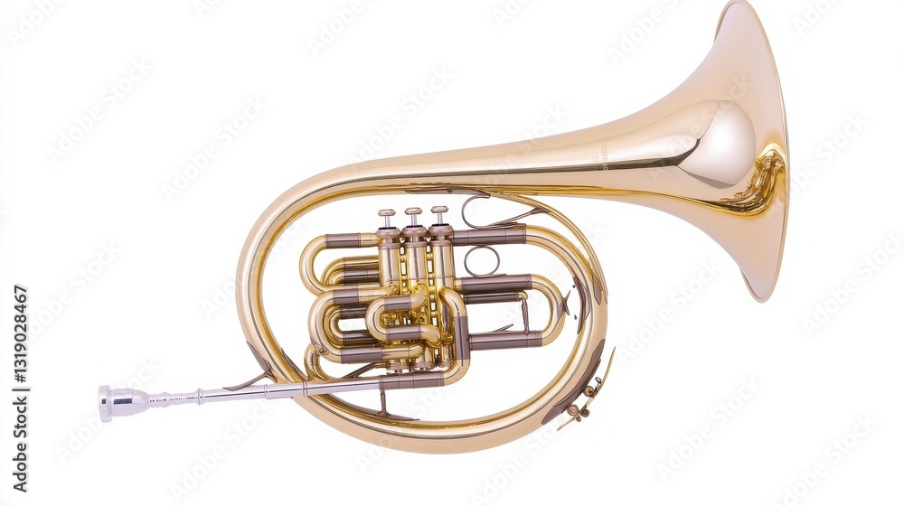 Obraz premium Gleaming Golden French Horn on White Background