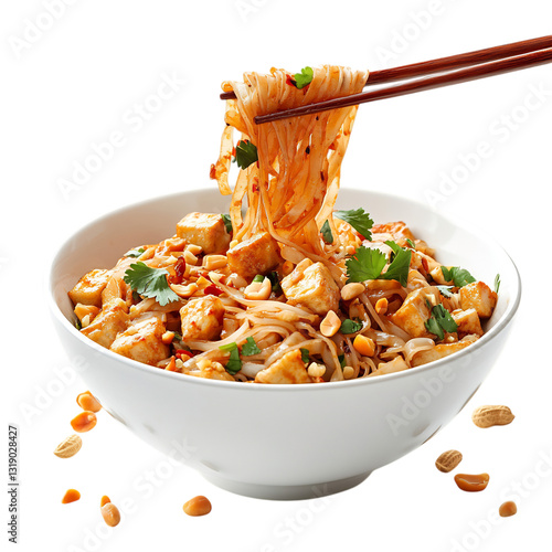 A Bowl of Pad Thai with Noodles Lifted by Chopsticks Isolated on Transparent Background