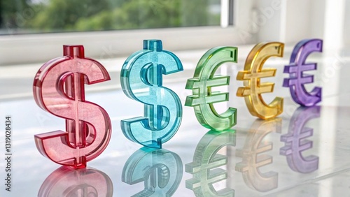 A set of multicolor vector icons of currency with transparent, exchange rate ratio concept.