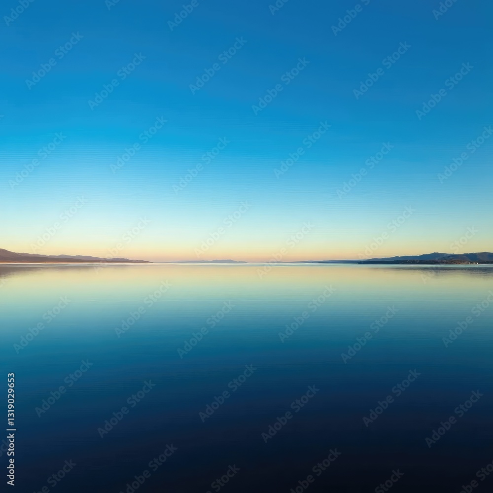 Fototapeta premium Calm lake with blended hues of blue and green, sky, landscape, blue