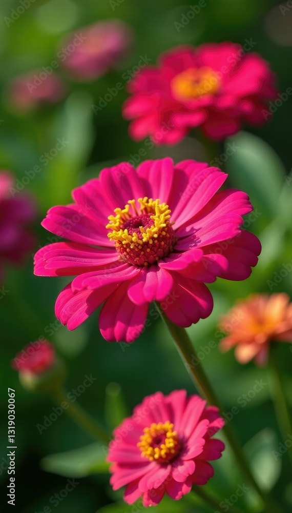 Brightly colored zinnia flowers with large petals, garden, spring garden Brightly colored zinnia flowers with large petals, garden, spring garden