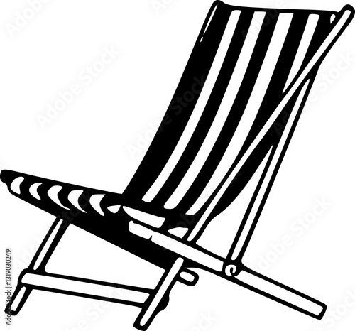 Minimalistic monochrome illustration of a beach chair on a sandy shore under a sunny sky with waves in the background