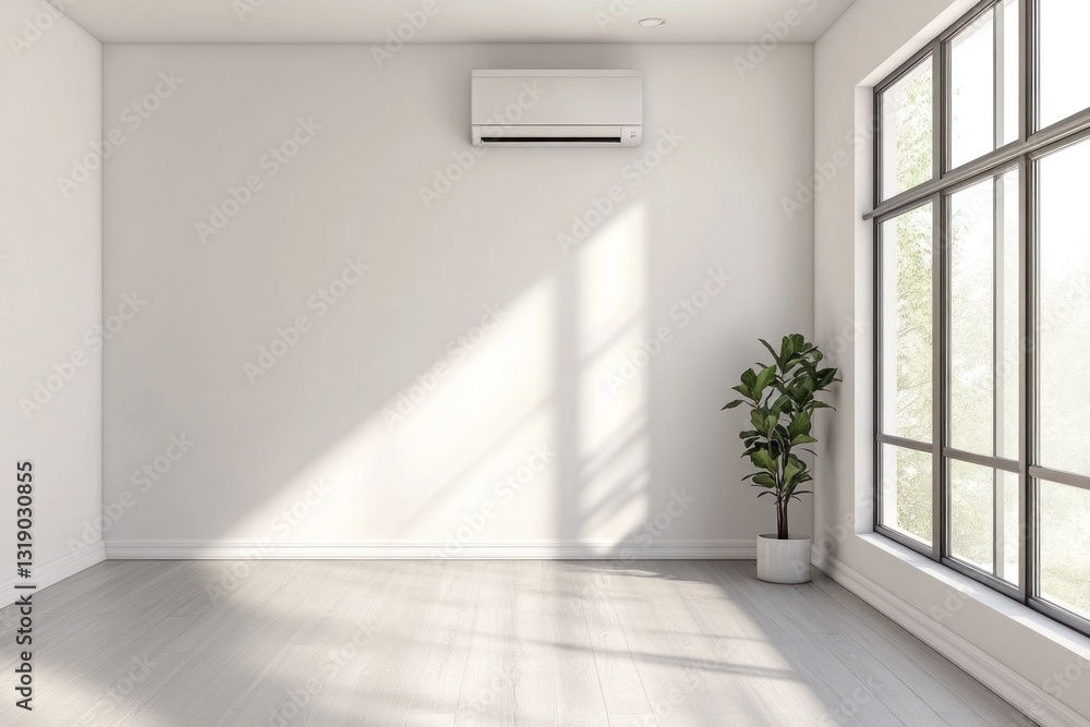 Fototapeta premium Minimalist room interior with air conditioner, sunlight, and plant.
