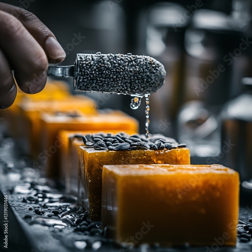Artisan adding chia seeds to handmade soap. Close-up, dark background.  For product packaging