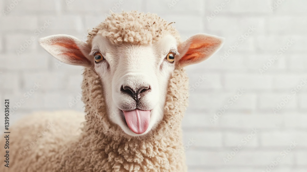 Fototapeta premium Friendly sheep with fluffy wool, close-up of a playful expression, perfect for farm themes or animal-related content.