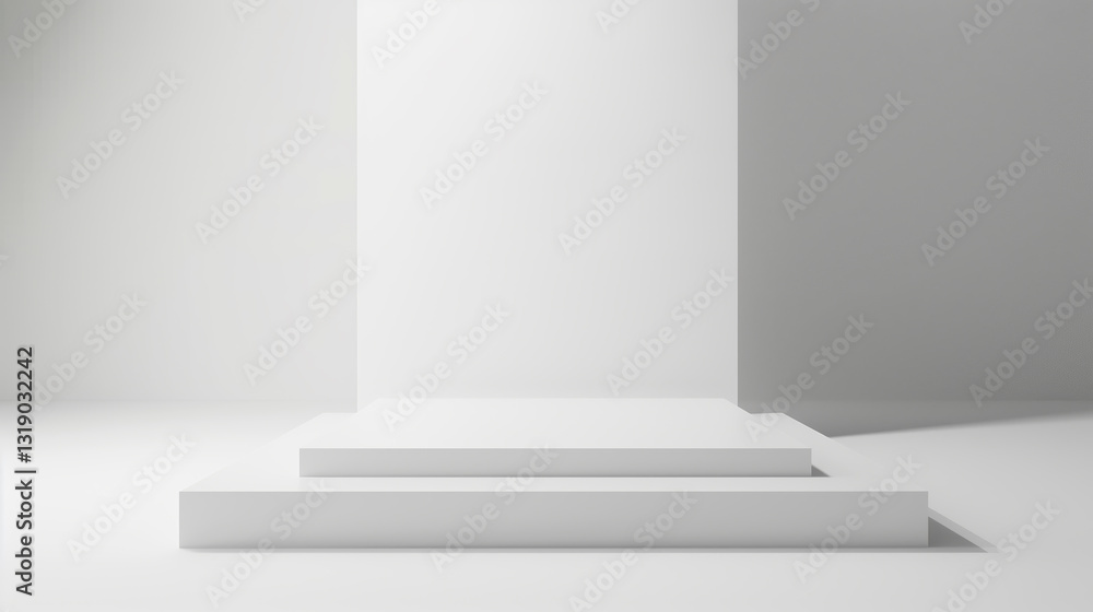 geometrical forms white background. White elements design copy space with empty illuminated room template table stage podium. White color product background placement