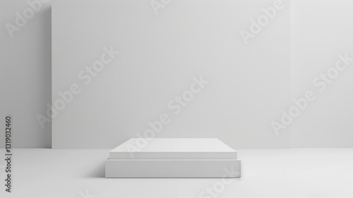 geometrical forms white background. White elements design copy space with empty illuminated room template table stage podium. White color product background placement