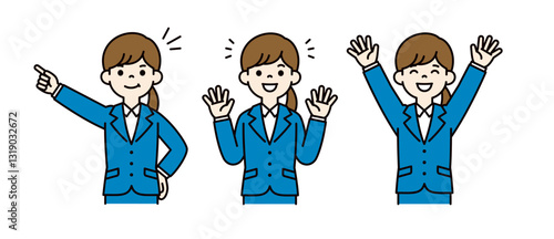 喜ぶ・目指す・万歳する、就活中の女性のベクターイラスト素材セット＿線幅の編集可能＿カラー