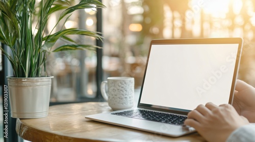 Wallpaper Mural Cozy workspace scene, hands on laptop with empty screen, indoor plants and coffee cup, perfect for productivity themes. Torontodigital.ca