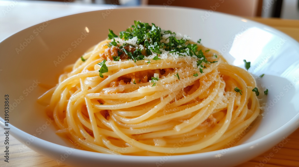 Delicious spaghetti with bolognese sauce, topped with cheese and herbs Delicious spaghetti with bolognese sauce, topped with cheese and herbs