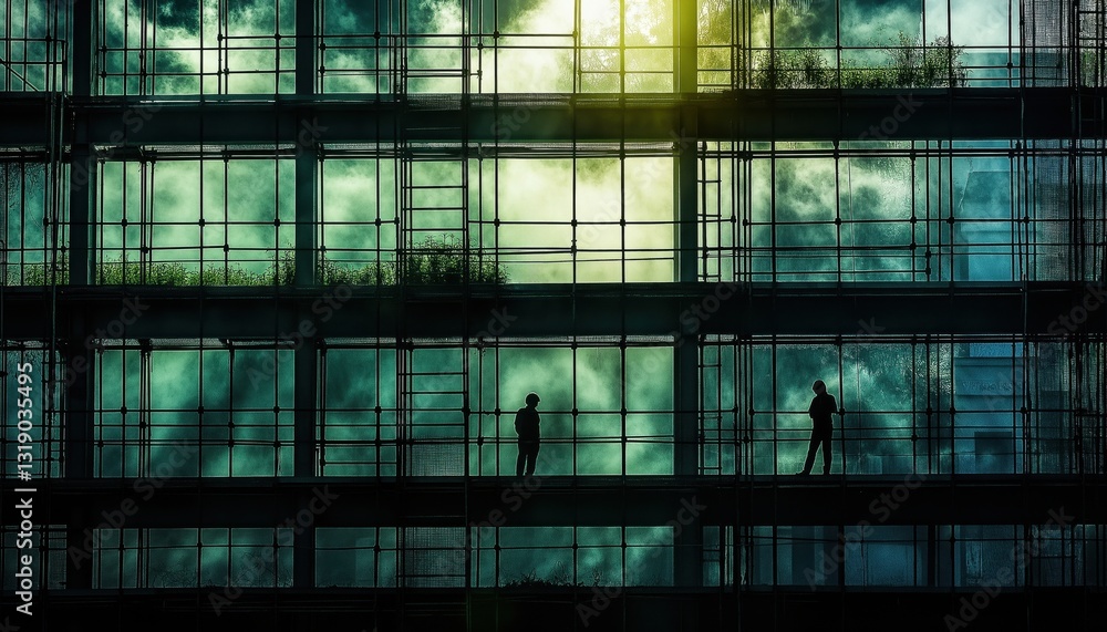 Silhouetted Workers in Urban Building Construction with Dramatic Sky and Greenery Details Silhouetted Workers in Urban Building Construction with Dramatic Sky and Greenery Details