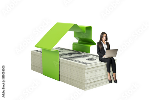 Businesswoman sitting on dollar bills using a laptop under a green house-shaped structure, isolated on white background, symbolizing mortgage and real estate finance