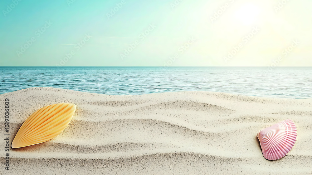Obraz premium Two seashells resting on a sandy beach with the ocean and a sunny light blue sky in the background.