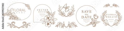 Hand drawn luxury floral borders, frames, wreaths with flowers and leaves. Trendy green logo elements in line art style. Vector set for wedding invitation, save the date cards, labels, monograms