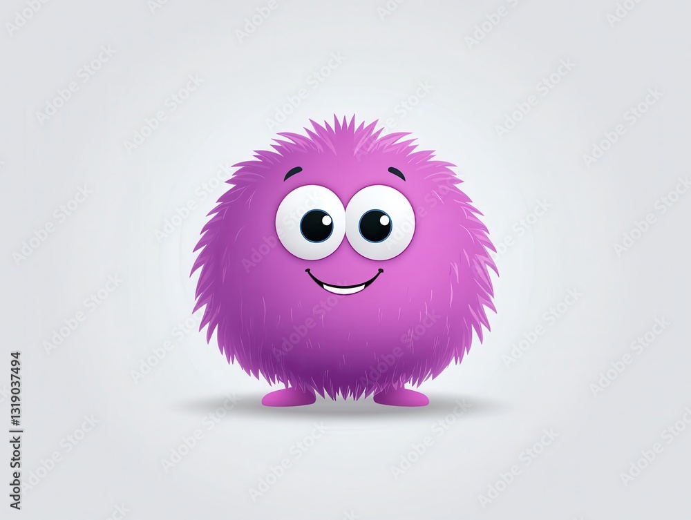Fototapeta premium Cute purple furry character with big eyes, smiling happily in a minimalistic background